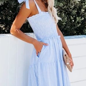 Nautical cotton smocked tiered maxi dress